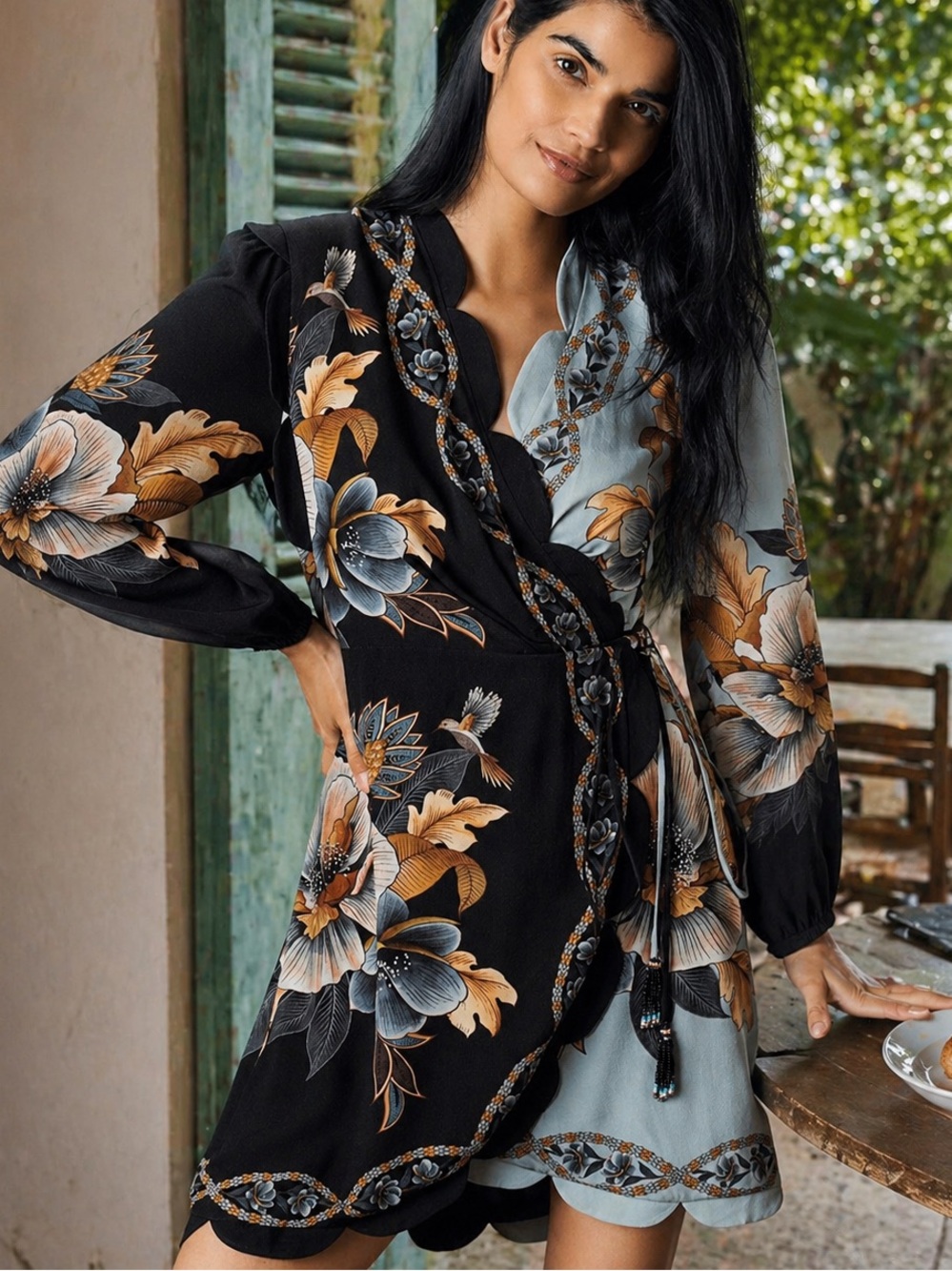 Farm Rio Snake Garden Floral Wrap Mini Dress Black Blue XS